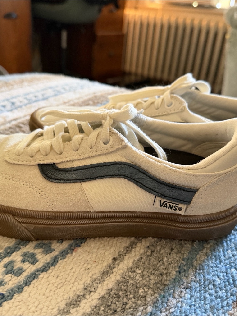 Vans Cream Canvas Sneakers with Blue Stripe and Gum Sole